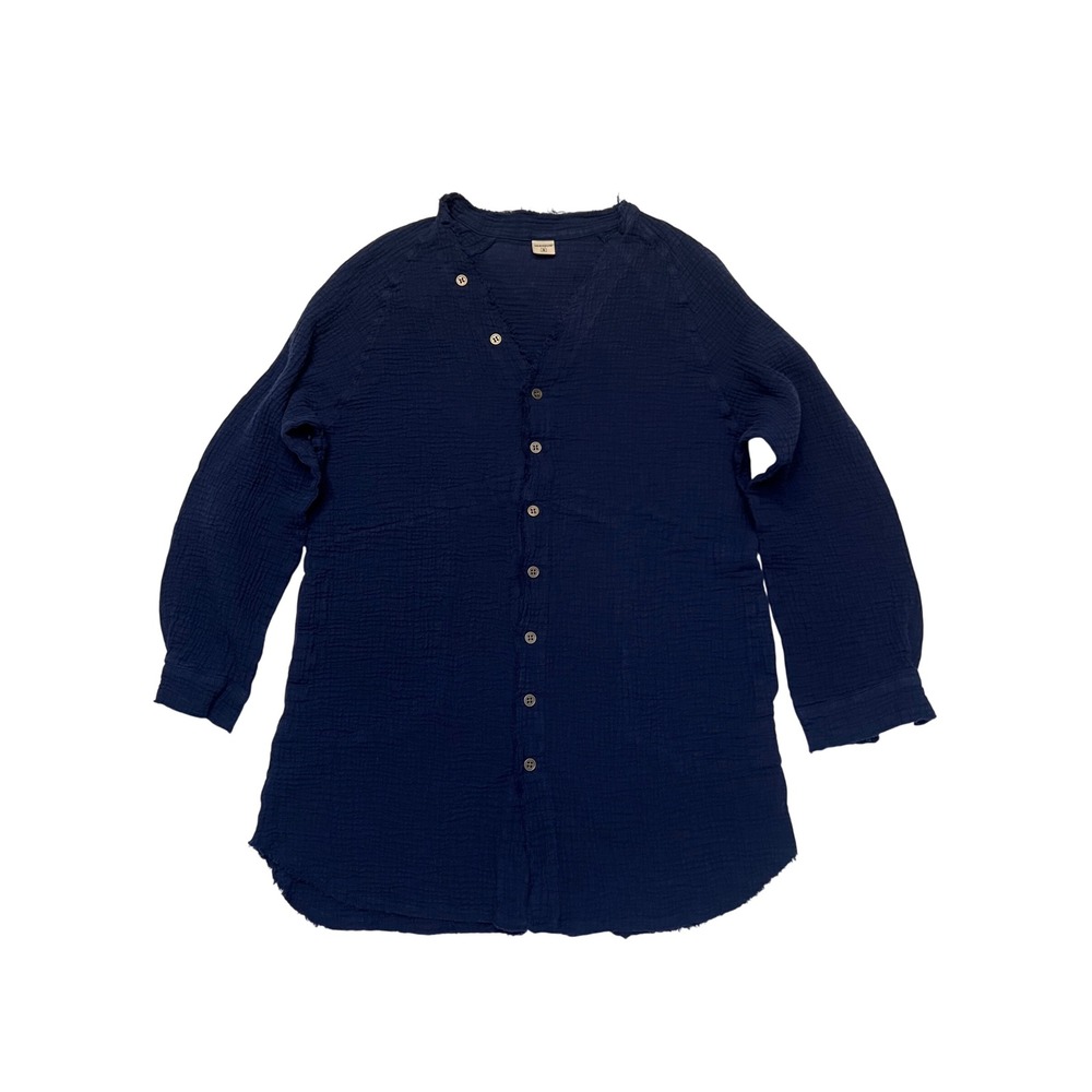 Navy Blue 100% Cotton Gauze Button Down Raw Edge Comfy Boho Tunic Top Size S